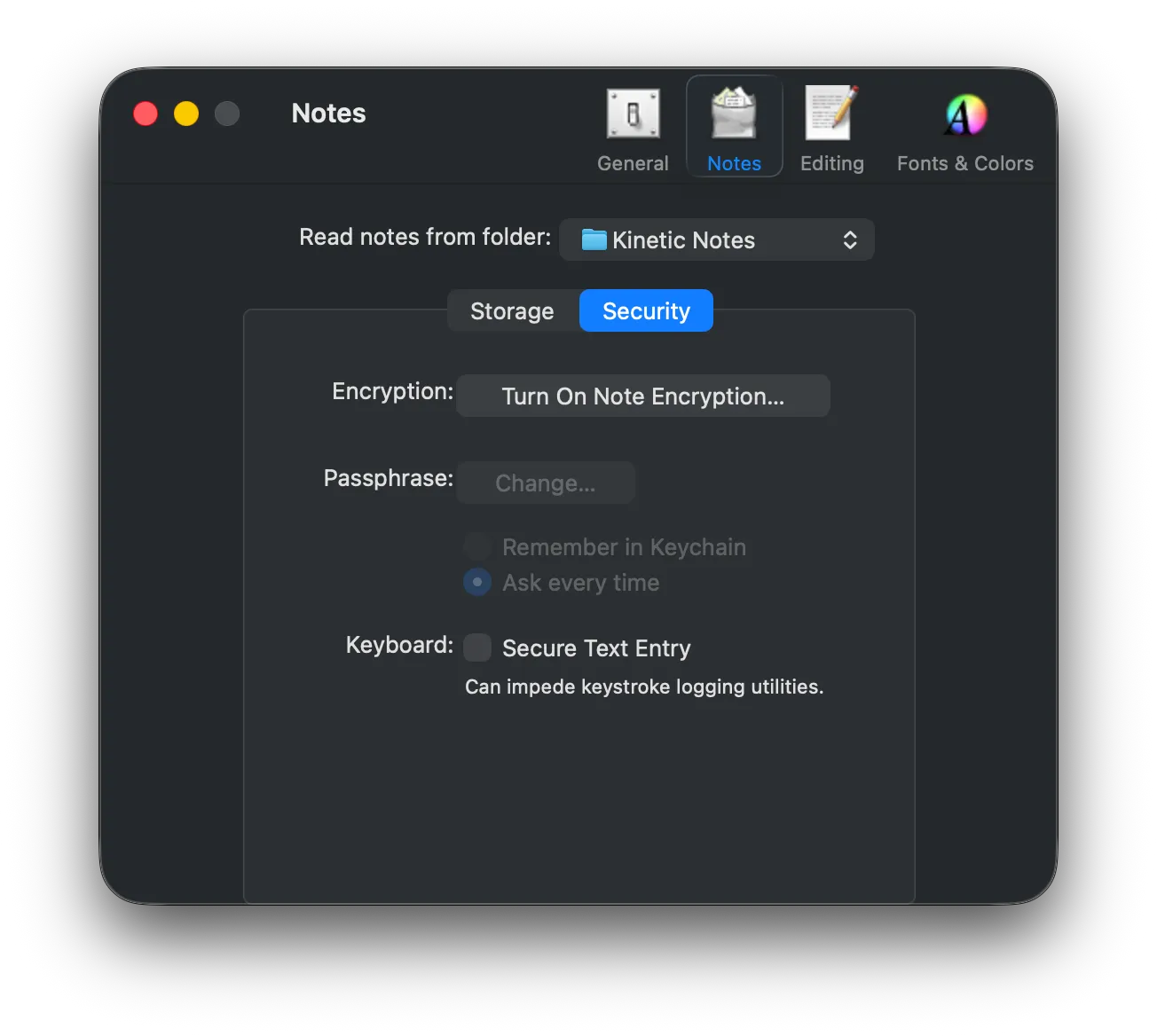 The Notes preferences pane, showing the Storage and Security toggle and the encryption options.