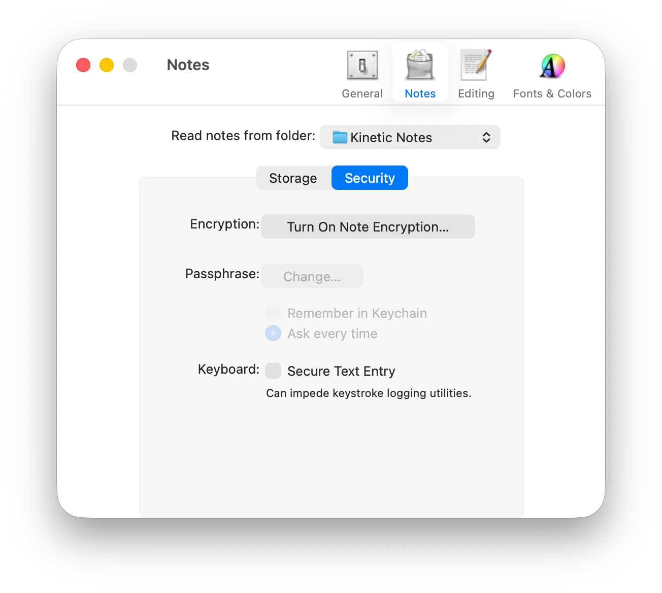 The Notes preferences pane, showing the Storage and Security toggle and the encryption options.
